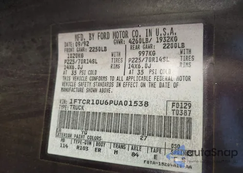 1993 Ford Ranger из США, поврежденный, VIN 1FTCR10U6PUA01538